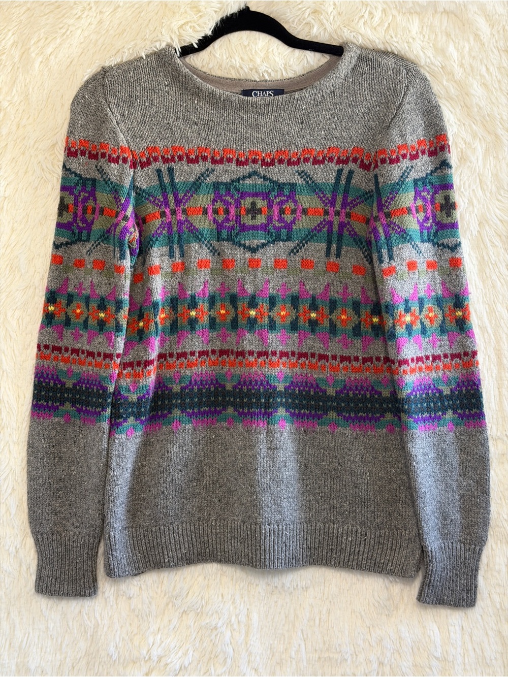 Chaps Womens Fair Isle Knit Sweater Size S Grey Multi Cabincore Apres-Ski Aztec